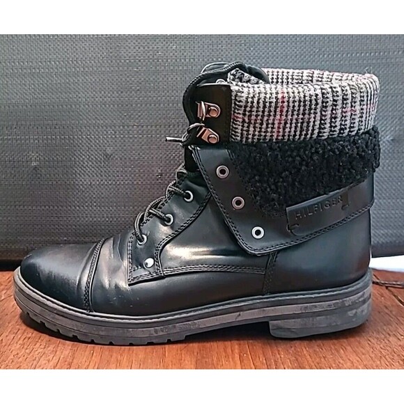 Tommy Hilfiger Womens 9M Dyan Lace Up Fold Ankle Boot Black Faux Leather - Picture 3 of 10